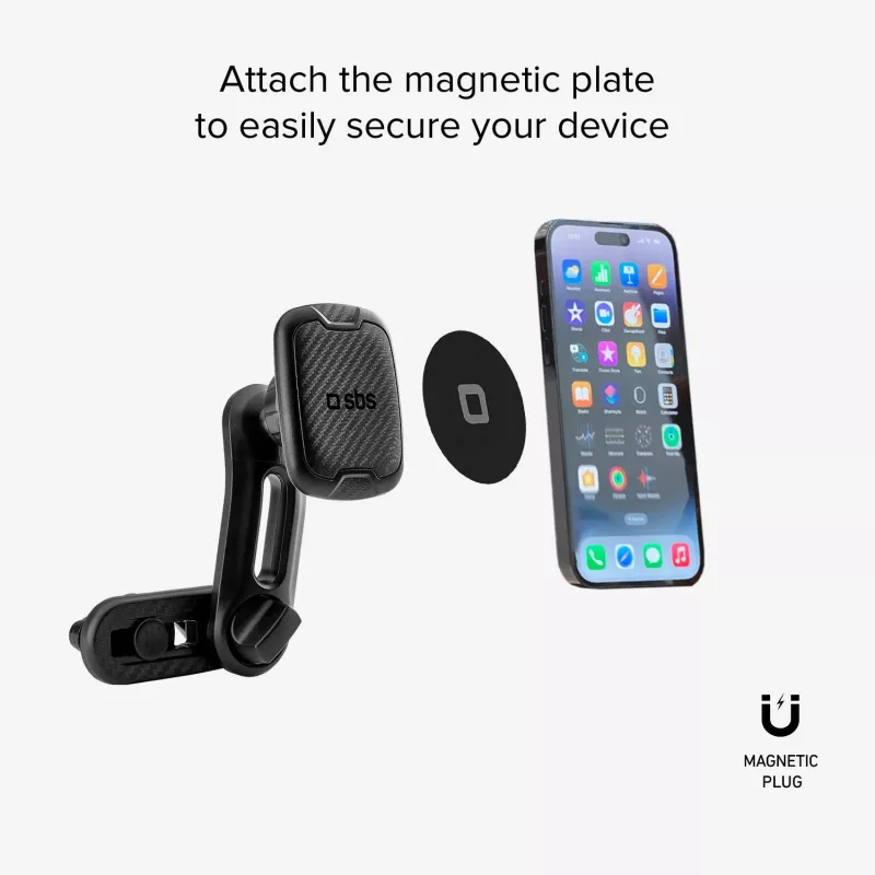 Suporte magnético de automóvel SBS com duplo clipe para telemóvel - Suporte universal para smartphone com ímanes de neodímio fortes, rotação 360°, Preto