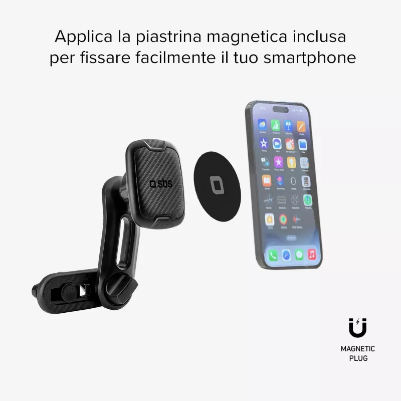 Suporte magnético de automóvel SBS com duplo clipe para telemóvel - Suporte universal para smartphone com ímanes de neodímio fortes, rotação 360°, Preto