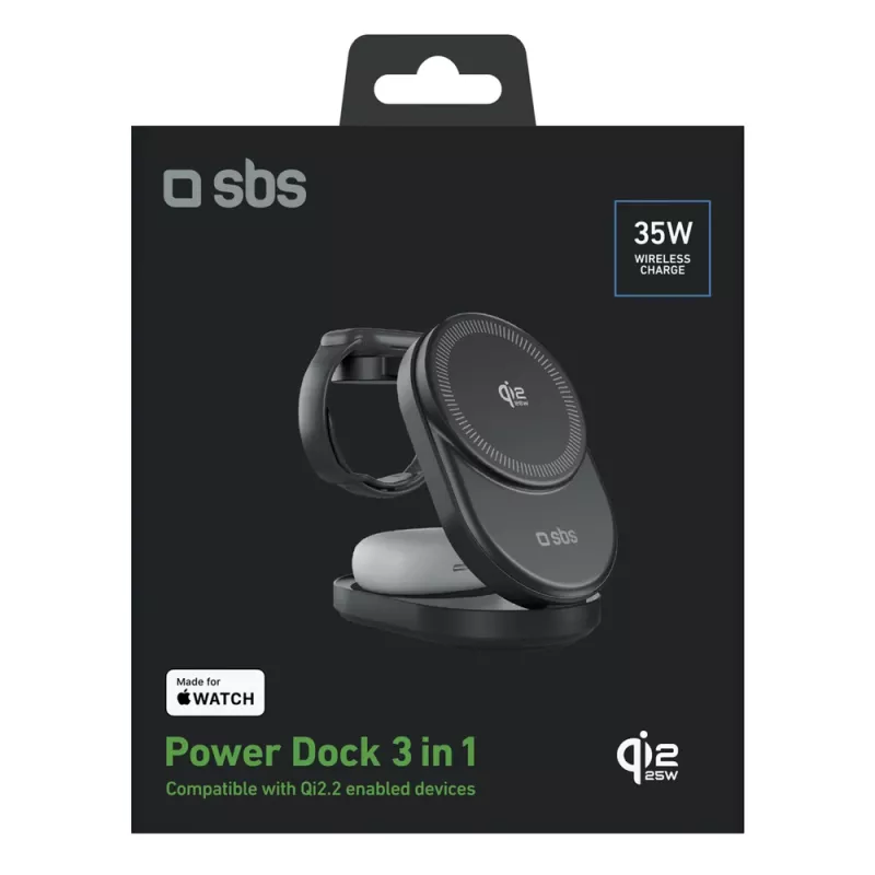 Estação de carregamento indutiva 3 em 1 dobrável SBS Qi2.2 25W com certificação MFI - Preto