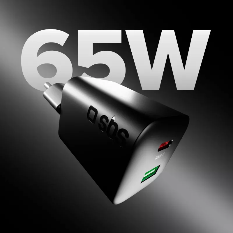 Carregador USB-C SBS 65W com 1x USB-C e 1x USB-A, Preto, cabo USB-C de 1,5m