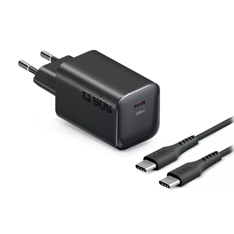 Carregador de parede SBS 65W 1C preto + cabo USB-C para USB-C 2m 60W preto