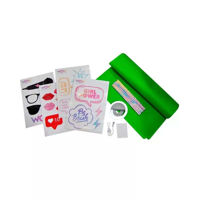 Anel de luz LED KIDS para telemóvel selfie vlog + conjunto de acessórios ecrã verde 1,5x1m Wow Generation / Wow00024