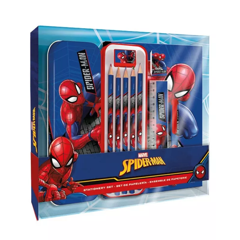Conjunto de papelaria escolar 11 em 1 Spider-Man para criança com estojo, lápis de cor, caderno A5 e mais