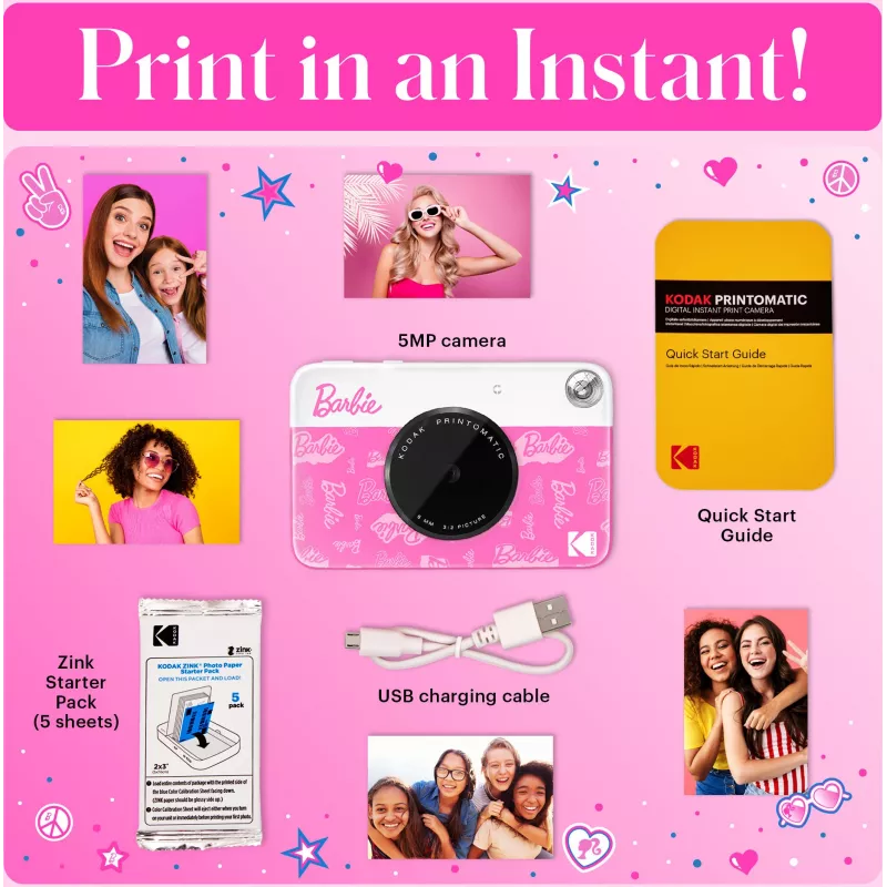 Câmara digital instantânea KODAK Printomatic Barbie Edition 5MP + 5 folhas de papel fotográfico ZINK rosa