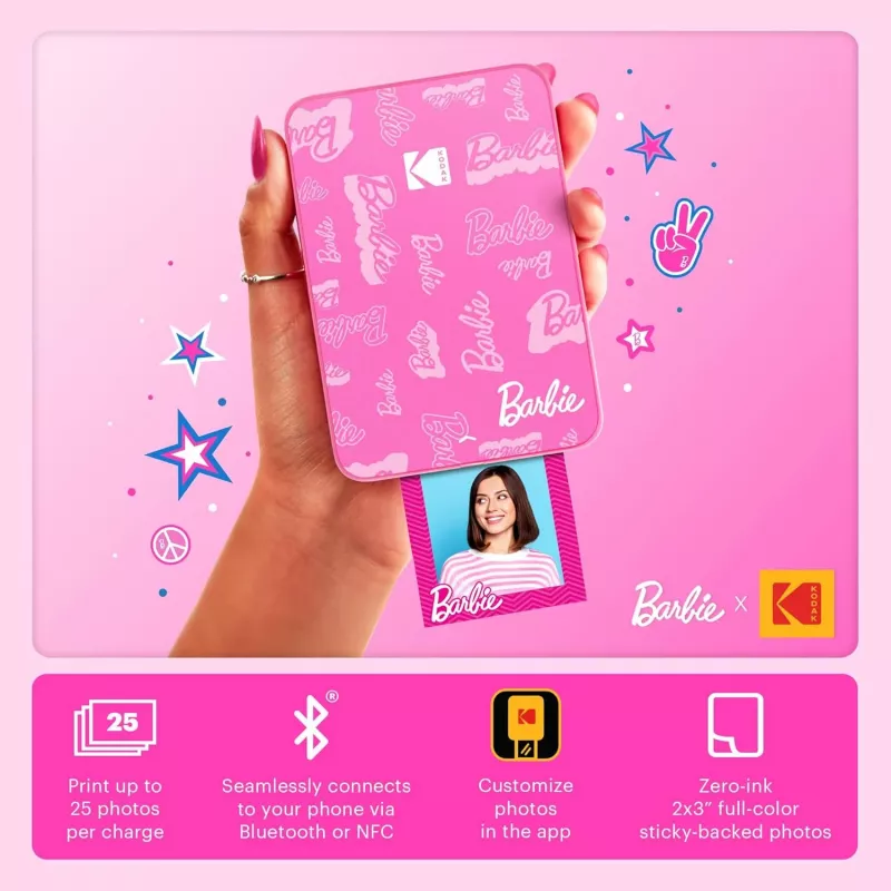 Impressora fotográfica instantânea KODAK Step Slim Barbie - Bluetooth 5.0, tecnologia ZINK Zero Ink, impressões 2x3 polegadas, Barbie rosa