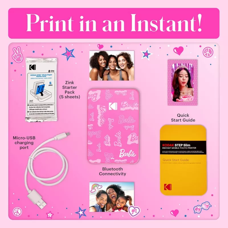 Impressora fotográfica instantânea KODAK Step Slim Barbie - Bluetooth 5.0, tecnologia ZINK Zero Ink, impressões 2x3 polegadas, Barbie rosa