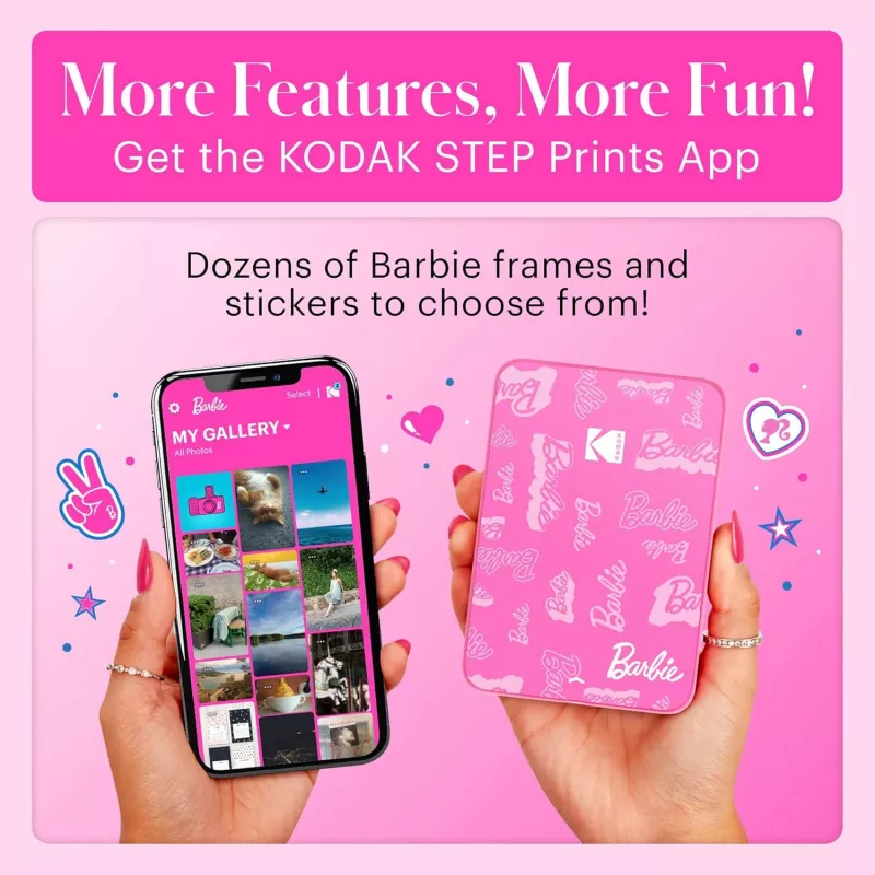 Impressora fotográfica instantânea KODAK Step Slim Barbie - Bluetooth 5.0, tecnologia ZINK Zero Ink, impressões 2x3 polegadas, Barbie rosa