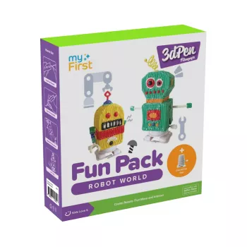 Filamentos myFirst 3dPen Make Fun Pack Robot World - conjunto criativo com 5 moldes, 17 filamentos PCL (34 m), módulo de carro pull-back, película termoplástica
