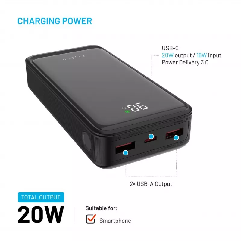 Fixed Zen2 20 Powerbank, 20000 mAh, PD 20 W, ecrã LCD, preto