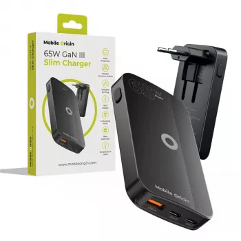 Carregador de parede Mobile Origin 65W GaN Slim Dual USB-C Single USB-A preto