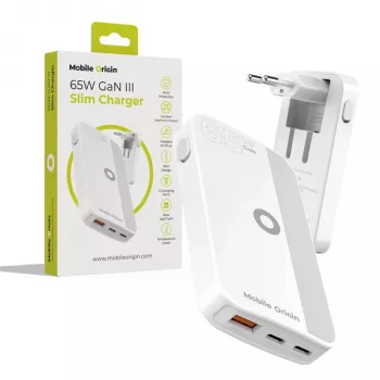 Carregador de parede Mobile Origin 65W GaN Slim Dual USB-C Single USB-A, branco