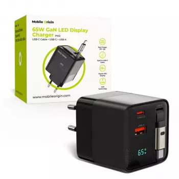 Mobile Origin Carregador GaN 65W USB-C Cabo Retrátil + USB-A 75cm