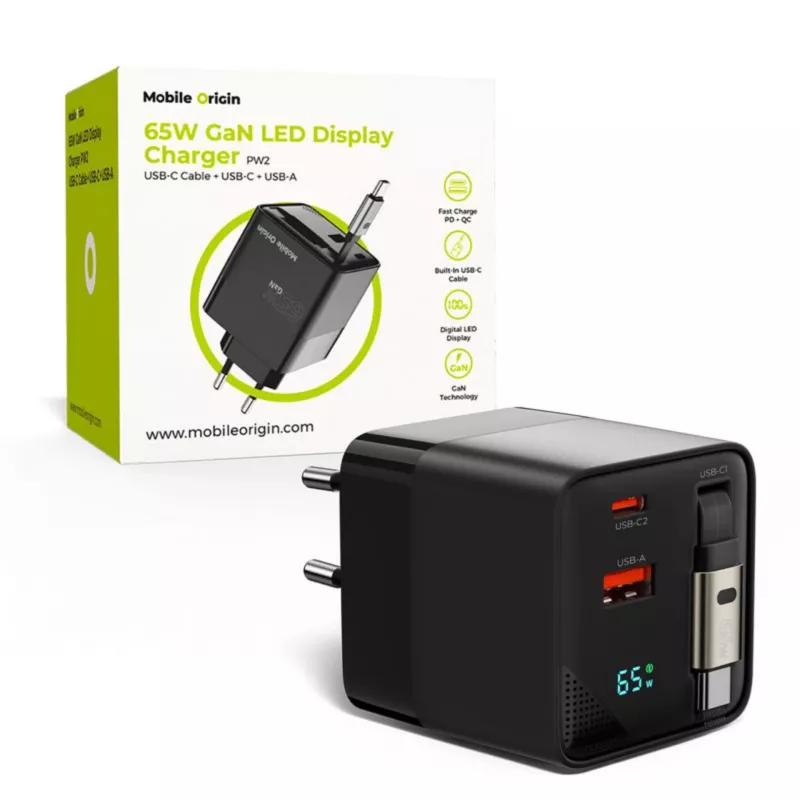 Mobile Origin Carregador GaN 65W USB-C Cabo Retrátil + USB-A 75cm