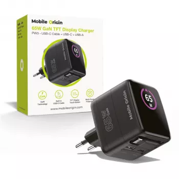 Mobile Origin Carregador GaN 65W PW3 Cabo Retrátil USB-C 65cm + USB-A Preto