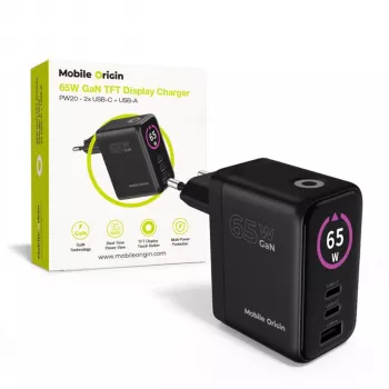 Mobile Origin Carregador GaN 65W PW20 2x USB-C + USB-A