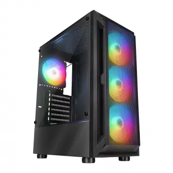 Caixa de PC mid tower Rampage SHIVA com janela lateral em vidro temperado e 4x ventoinhas rainbow RGB de 120mm, preto