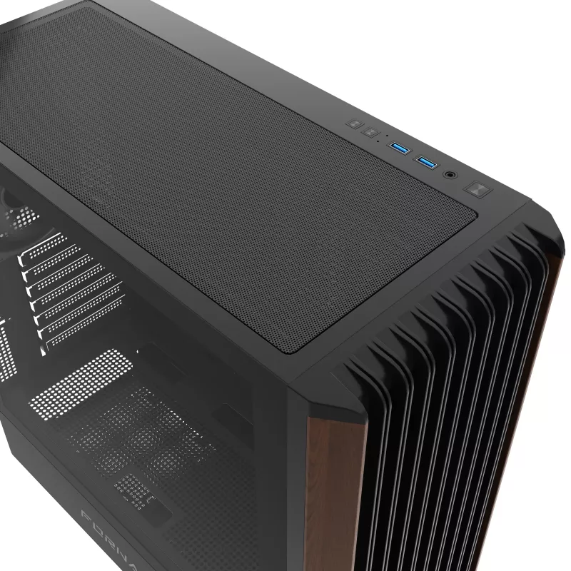 Caixa de computador mid tower GEMBIRD CCC-FC-WOOD, preto com detalhe em madeira, painel lateral em vidro temperado