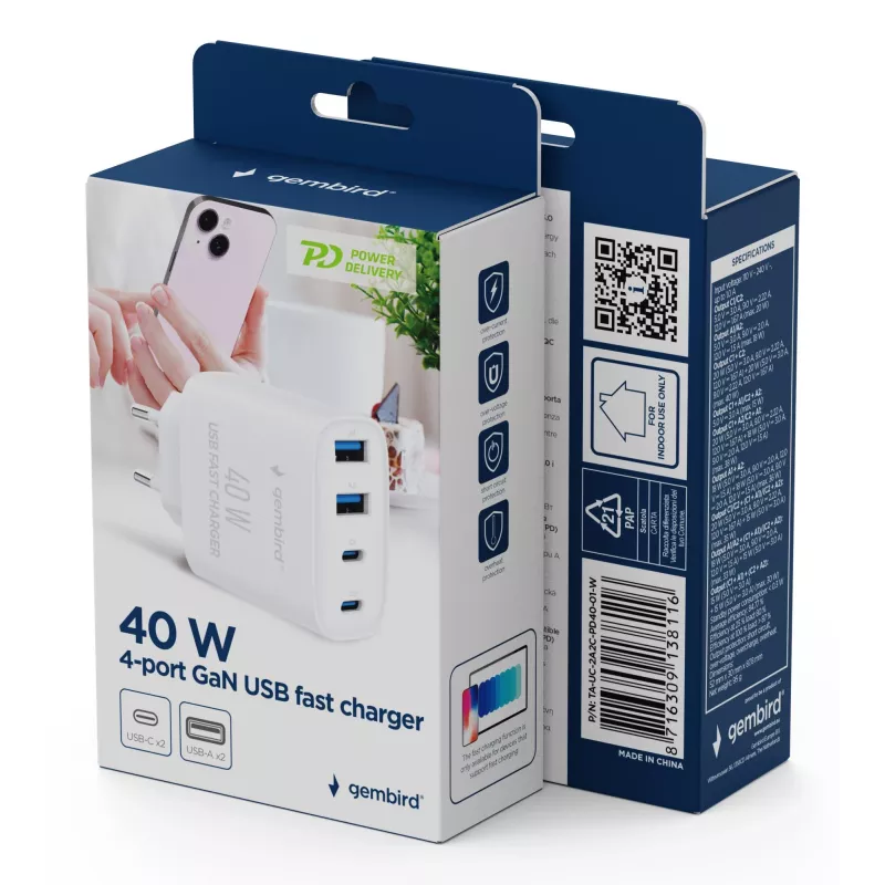 GEMBIRD TA-UC-2A2C-PD40-01-W GaN USB PD Carregador de 4 portas, 40 W, branco