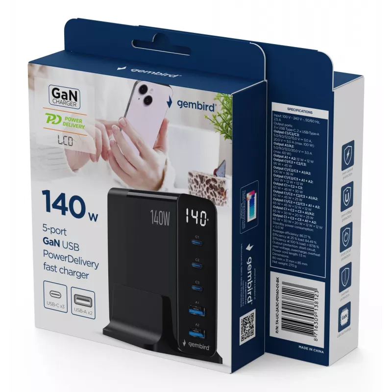 GEMBIRD TA-UC-2A3C-PD140-01-BK GaN Carregador rápido de 5 portas USB-C & USB-A, 140 W, preto