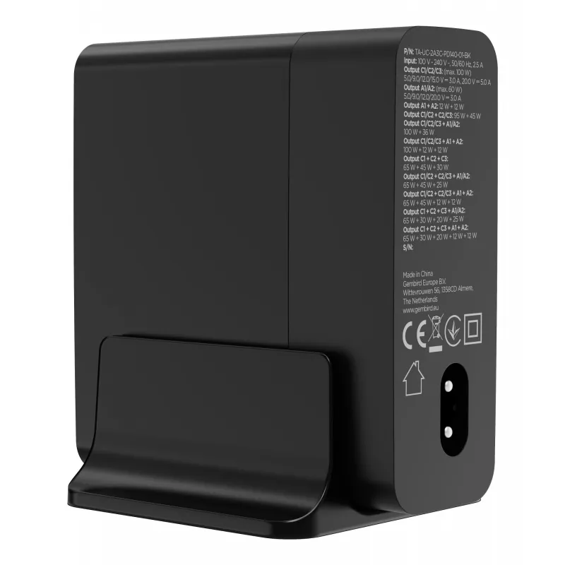 GEMBIRD TA-UC-2A3C-PD140-01-BK GaN Carregador rápido de 5 portas USB-C & USB-A, 140 W, preto