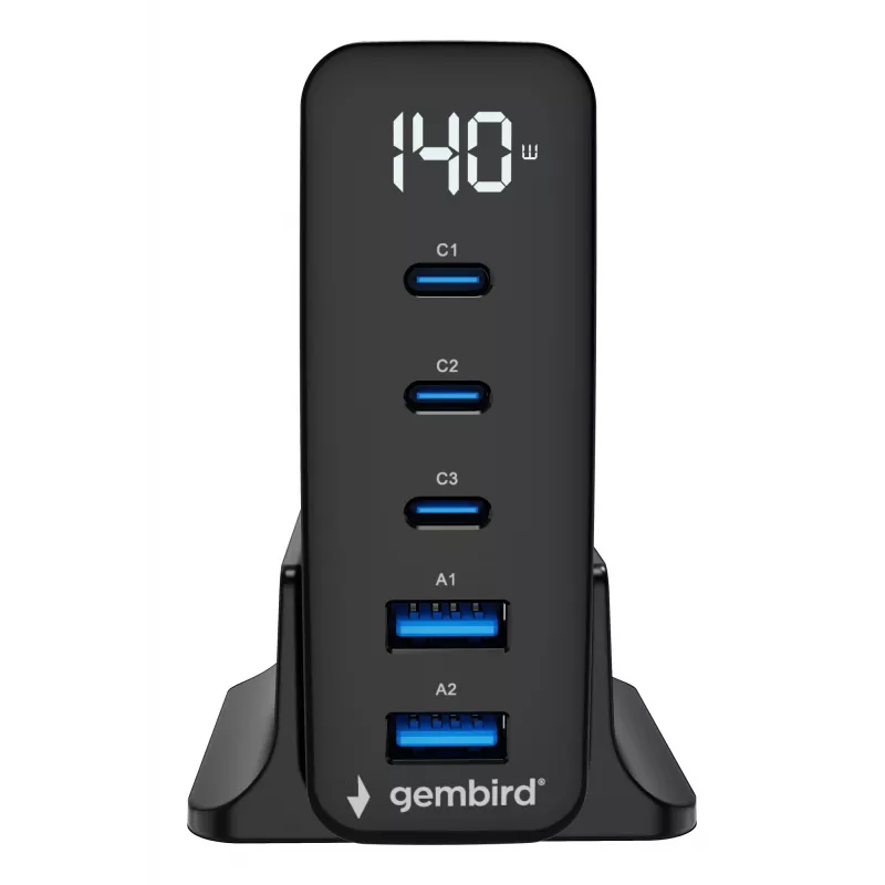 GEMBIRD TA-UC-2A3C-PD140-01-BK GaN Carregador rápido de 5 portas USB-C & USB-A, 140 W, preto