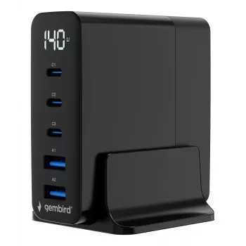 GEMBIRD TA-UC-2A3C-PD140-01-BK GaN Carregador rápido de 5 portas USB-C & USB-A, 140 W, preto