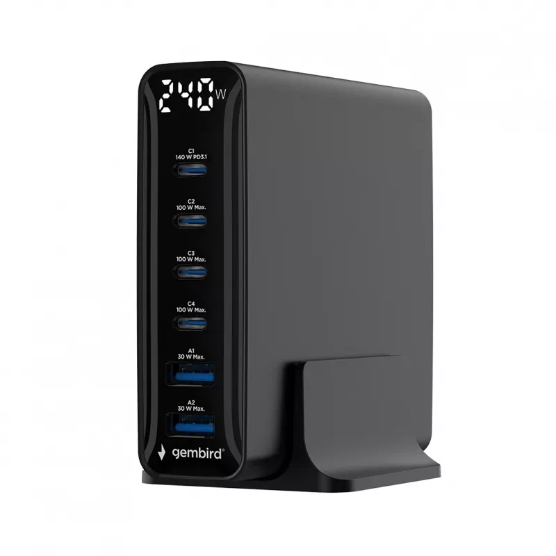 Carregador USB de 6 portas Gembird TA-UC-2A4C-PD240-01-BK 240W GaN preto