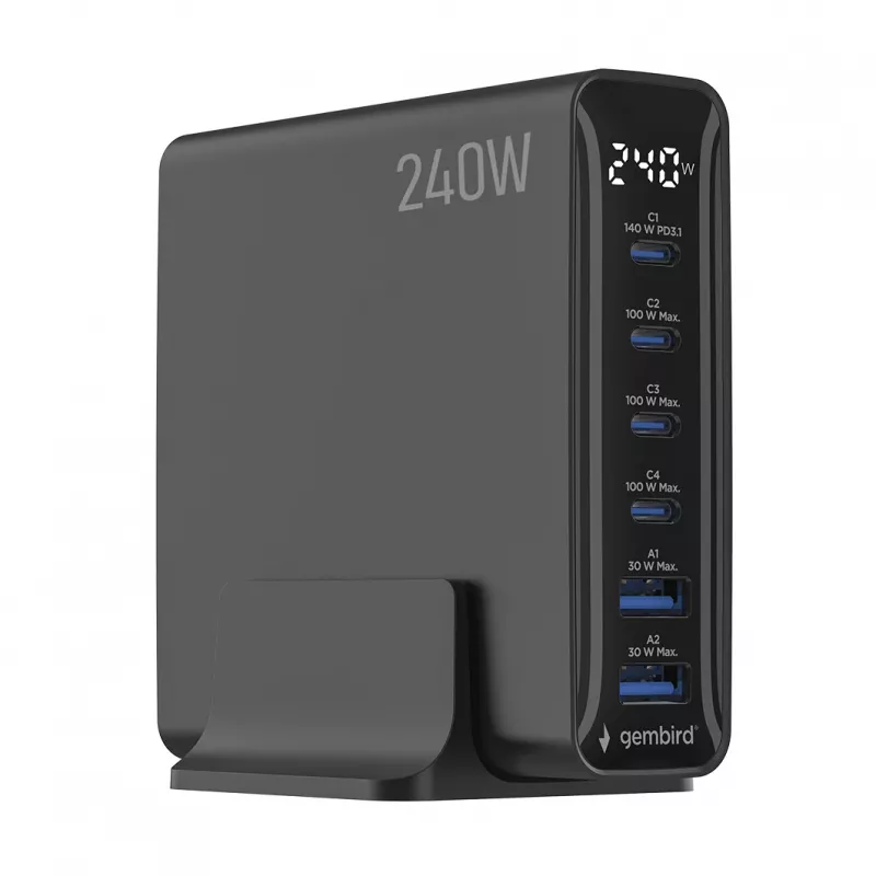 Carregador USB de 6 portas Gembird TA-UC-2A4C-PD240-01-BK 240W GaN preto