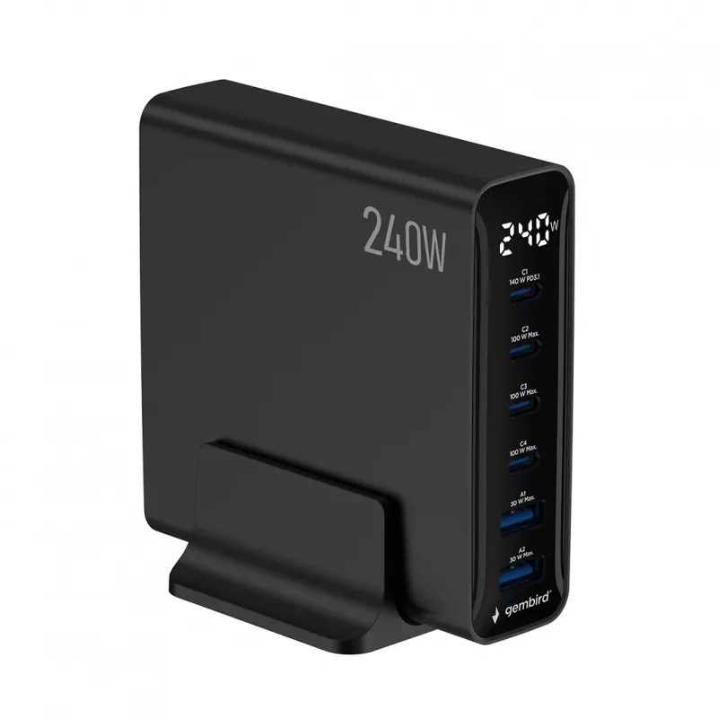 Carregador USB de 6 portas Gembird TA-UC-2A4C-PD240-01-BK 240W GaN preto