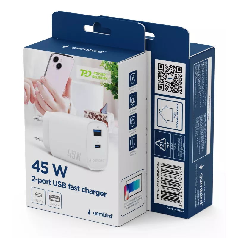 Fonte de alimentação USB-C PD Gembird TA-UC-1A1C-PD45-01-W 45W branca
