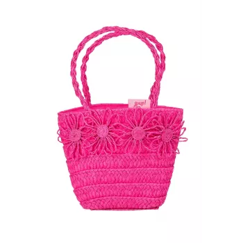 Souza! Bolsa de palha para criança com decorações florais, rosa