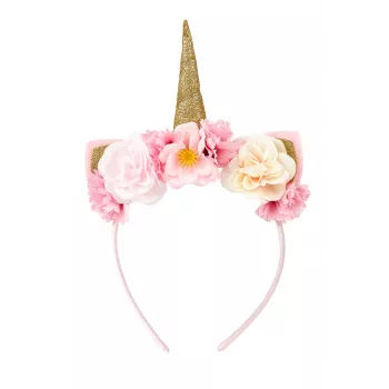 Souza! Banda de Cabeça Unicórnio com Flores e Chifre Dourado