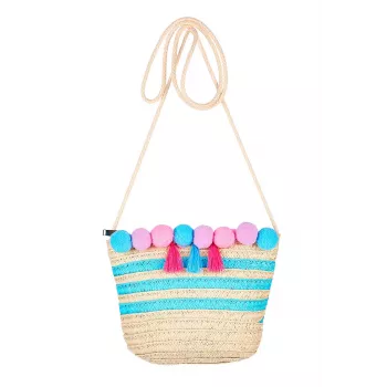 Souza! mala de mão infantil em palha natural às riscas com pompons e borlas Alaia