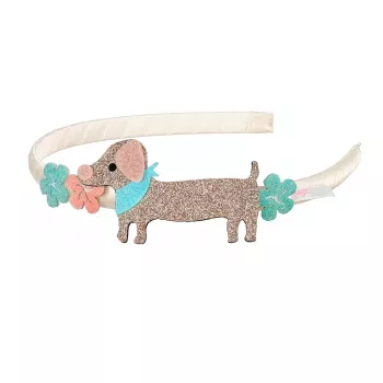 Souza! Arco de cabelo com flores com glitter e cão salsicha Puck