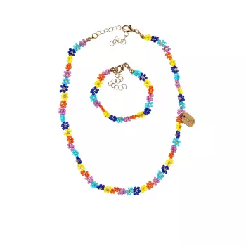 Souza! Conjunto de colar e pulseira Millie azul, bijuteria infantil com contas florais