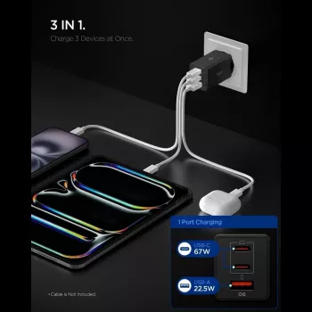 Carregador de parede GaN de 3 portas USB-C/USB-A Spigen Essential EE673EU 67W preto