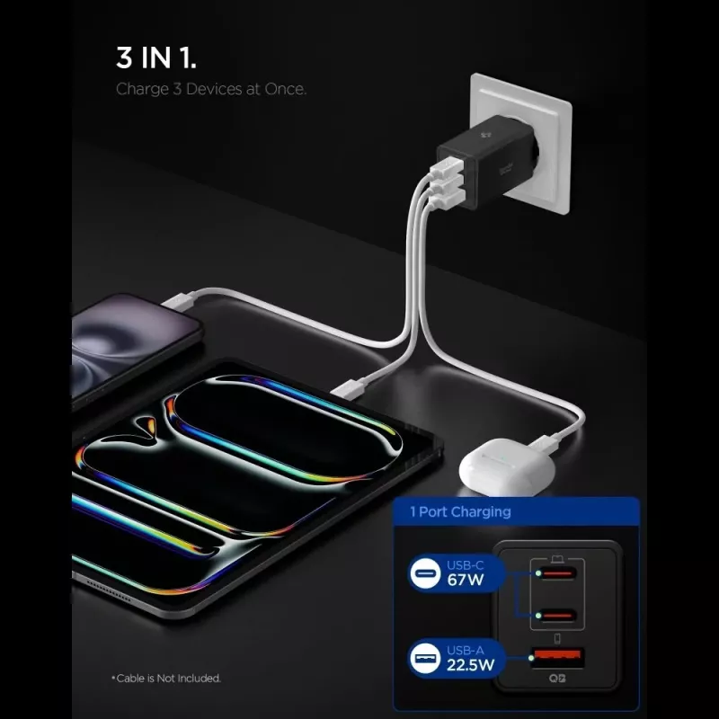 Carregador de parede GaN de 3 portas USB-C/USB-A Spigen Essential EE673EU 67W preto