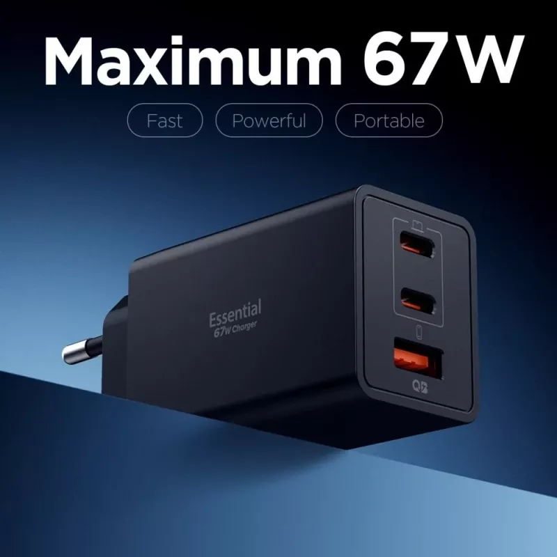 Carregador de parede GaN de 3 portas USB-C/USB-A Spigen Essential EE673EU 67W preto