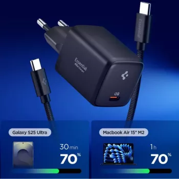 SPIGEN EE451EU ESSENTIAL Carregador de Rede 1-PORT 45W + Cabo Type-C Preto