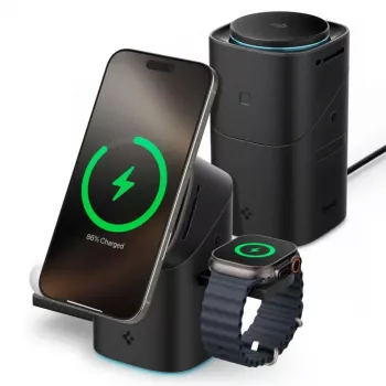 Carregador sem fios MagSafe magnético rotativo 3 em 1 SPIGEN EF223MS Essential 15W Qi2 preto