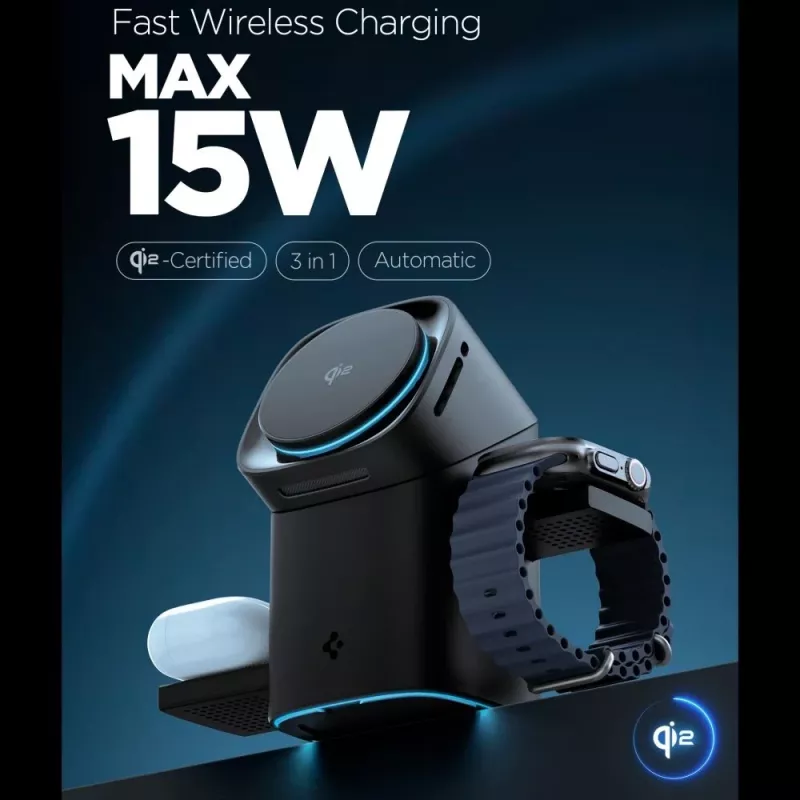 Carregador sem fios MagSafe magnético rotativo 3 em 1 SPIGEN EF223MS Essential 15W Qi2 preto