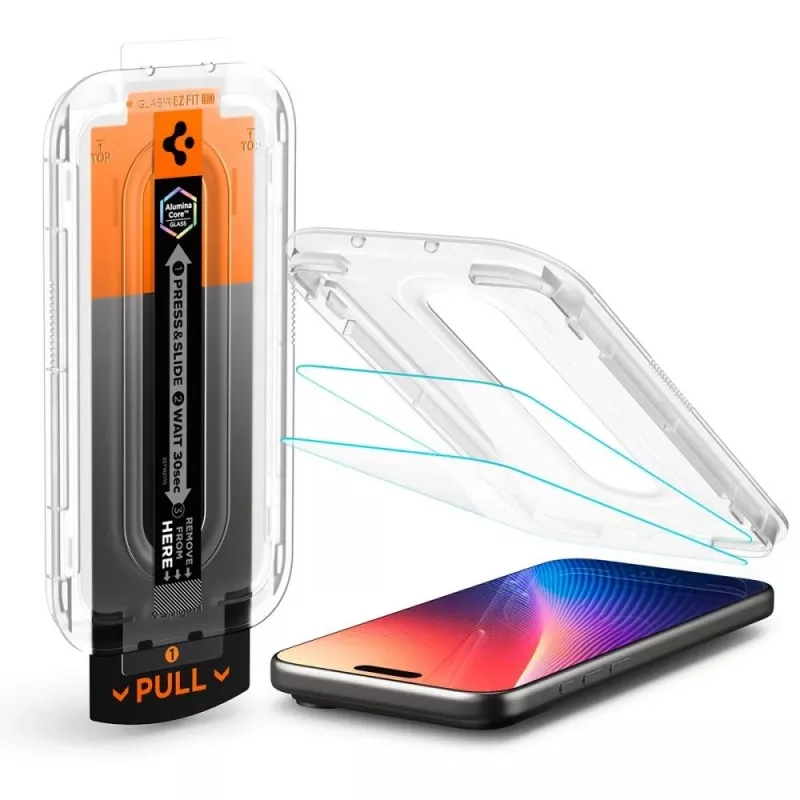 Película de proteção de ecrã em vidro temperado Spigen GLAS.TR EZ Fit Pro para Apple iPhone 16 Pro Max / 17 Pro Max, transparente, pack de 2