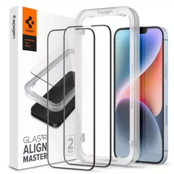 Spigen AlignMaster Glass Full Coverage Protetor de Ecrã para Apple iPhone 13/13 Pro/14/16E/17E Preto (Pack de 2)