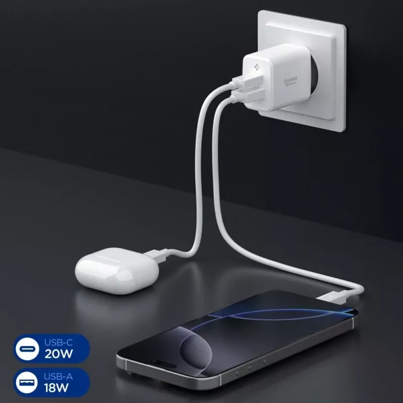 Carregador de rede SPIGEN ESSENTIAL EE202EU 2-PORT 20W branco