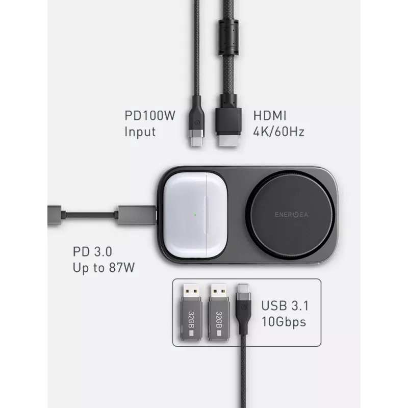 Estação de acoplamento ENERGEA WiDock Plus 7-em-1 USB-C 3.1 com carregamento sem fios Qi2, Grafite