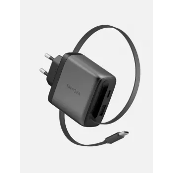 Carregador de parede ENERGEA Ampcharge Arc 65W GaN USB-A/USB-C com cabo USB-C retrátil, Gunmetal