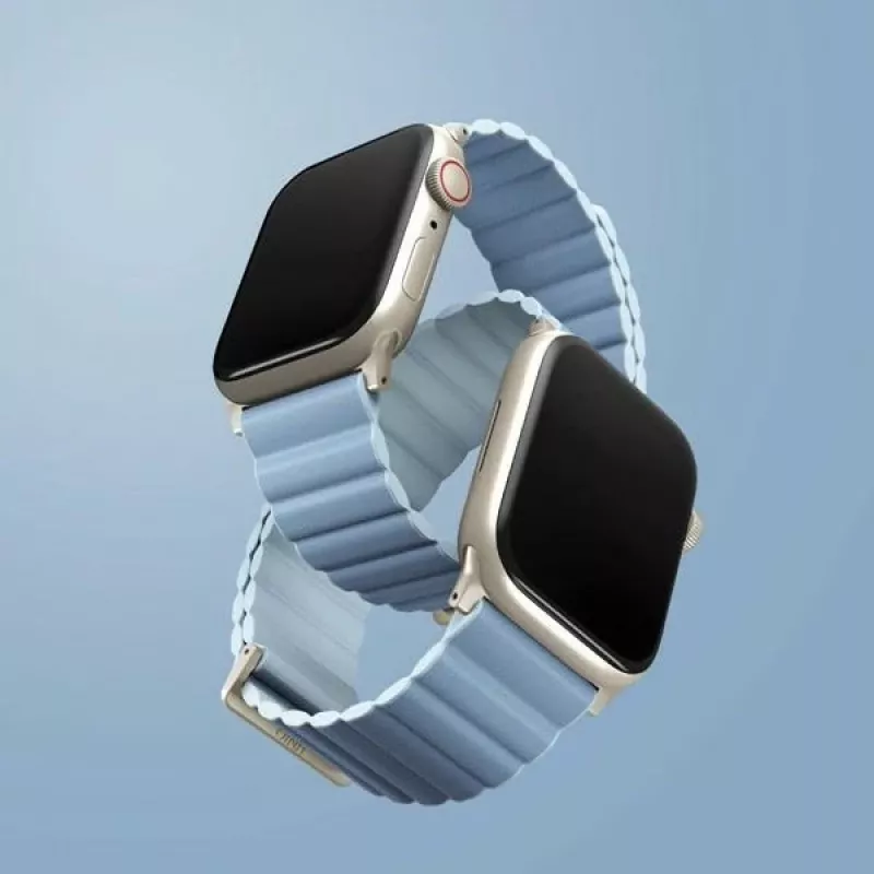 Pulseira magnética reversível em pele UNIQ Revix Premium para Apple Watch Series 1/2/3/4/5/6/7/8/9/SE/SE2/SE3 38/40/41mm Edition Arctic Blue/Soft Blue