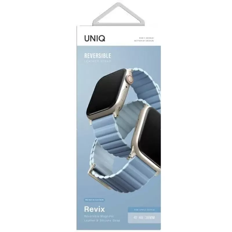 Pulseira magnética reversível em pele UNIQ Revix Premium para Apple Watch Series 1/2/3/4/5/6/7/8/9/SE/SE2/SE3 38/40/41mm Edition Arctic Blue/Soft Blue