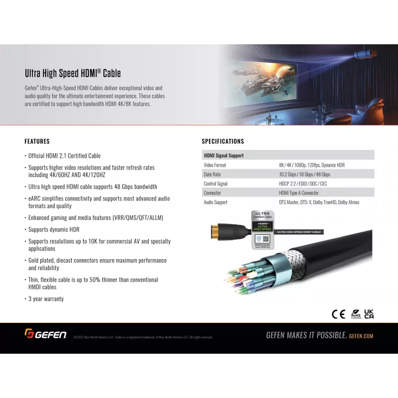 Gefen GEF-CAB-HS-HDMI-15M Cabo HDMI 2.1 15 m 48 Gbit/s 8K 4K HDR eARC preto