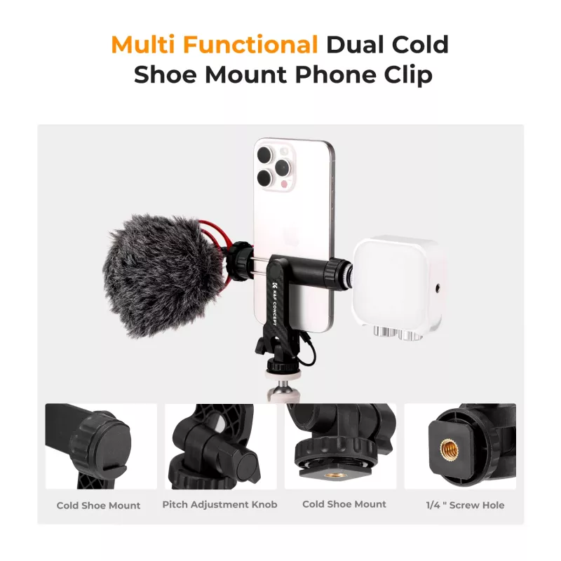 Suporte de tripé K&F Concept para smartphone com parafuso de 1/4 de polegada, rotação de 360°, preto